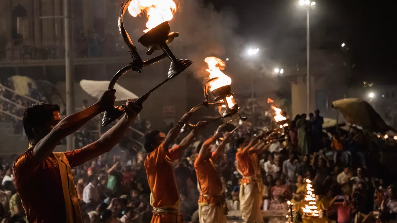The sacred Ganga ghats of Varanasi at evening aarti