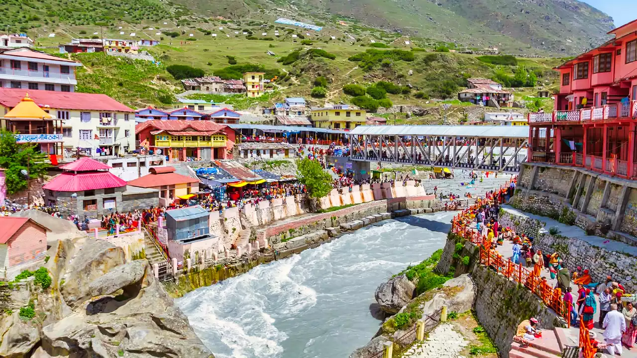 Badrinath valley and temple complex nestled in the Himalayan ranges near Brahmakapal
