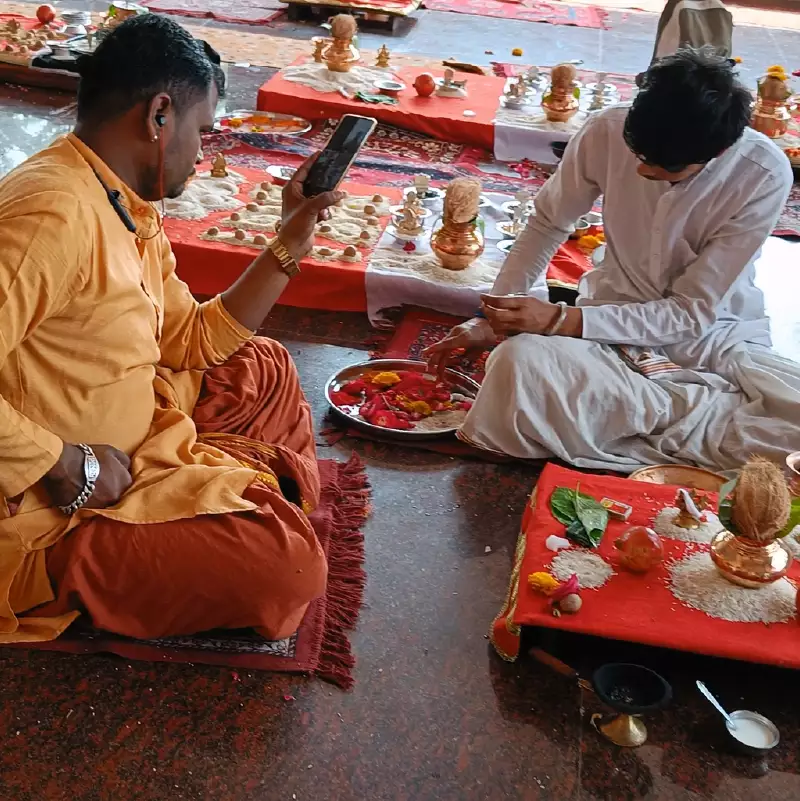 Mangal Dosha ceremony setup during family participation in Ujjain
