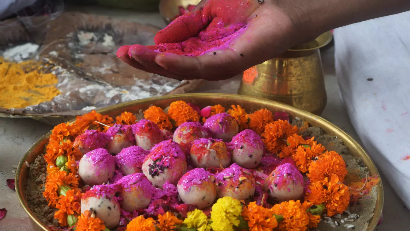 Pind offerings prepared with flowers for an ancestral ceremony in Haridwar