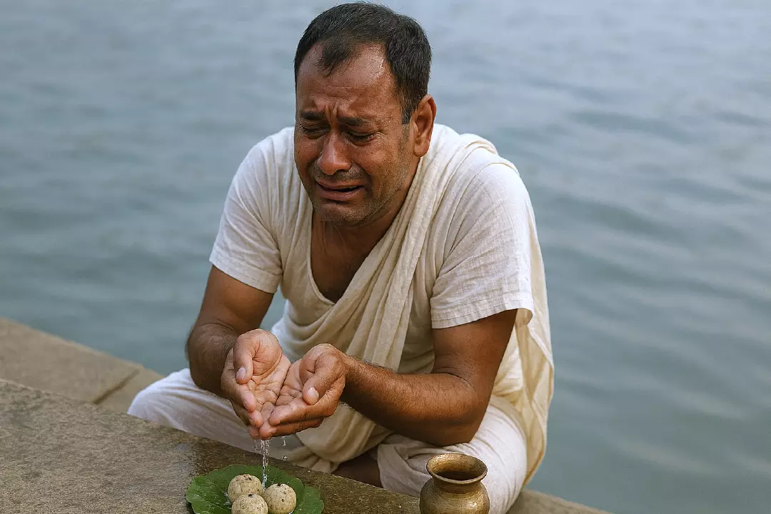 A tearful person performing pind daan-meaning of pind daan