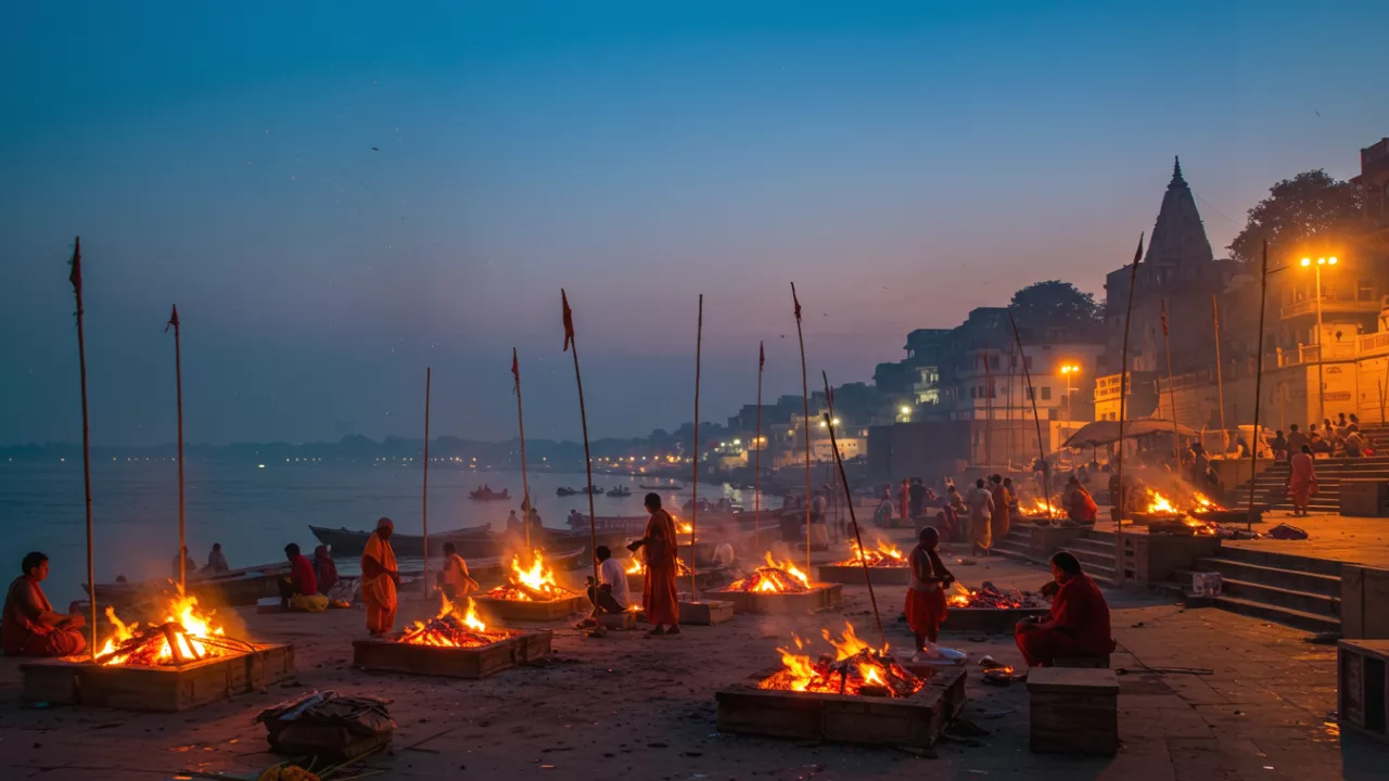 रात का दृश्य: नदी-तट पर अनेक चिताएँ जल रहीं, लोग एकत्रित, और नगर-दीप- वाराणसी: आत्मा की अन्तिम यात्रा की पावन भूमि