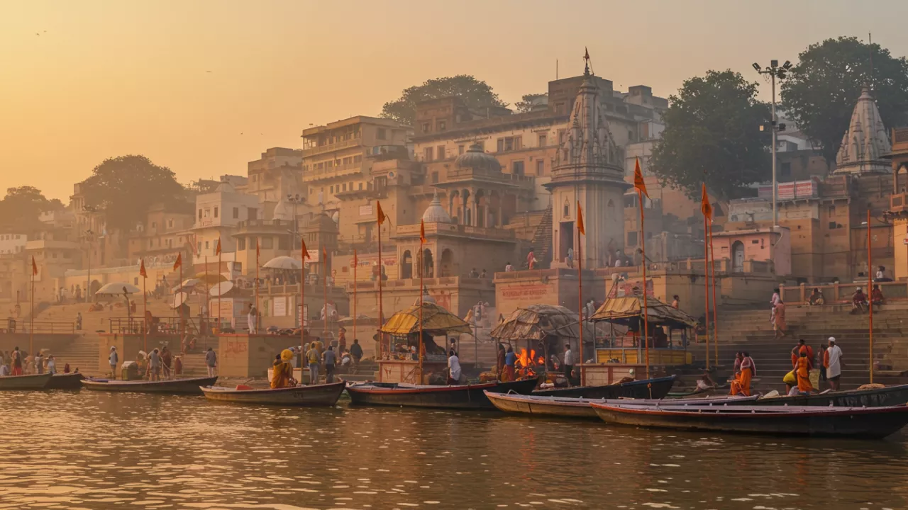 नदी किनारे धुँधले नगर में मंदिर, नौकाएँ, और सूर्योदय/सूर्यास्त के समय घाटों पर लोग।- वाराणसी: आत्मा की अन्तिम यात्रा की पावन भूमि