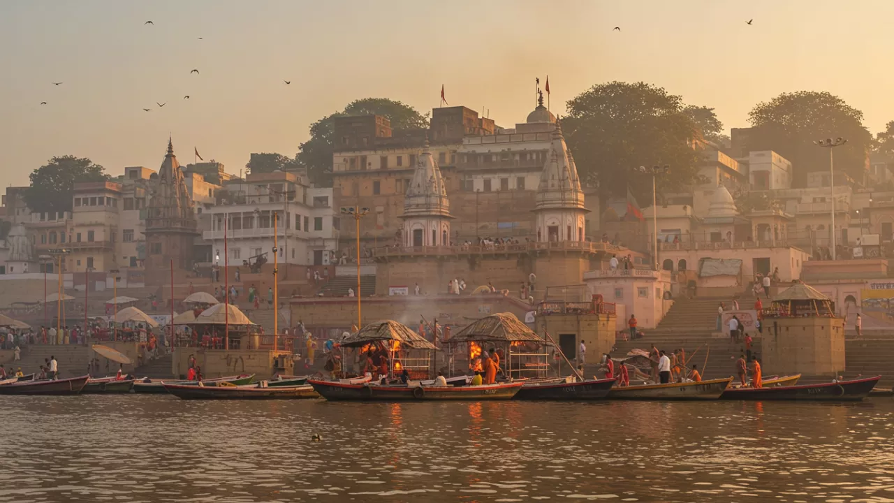 The Ganga ghats in Varanasi at dawn/dusk, with boats and temples, a prime location for Pitru Paksha rites- Varanasi: The Eternal Gateway to Moksha – Unraveling Kashi’s Sacred Promise