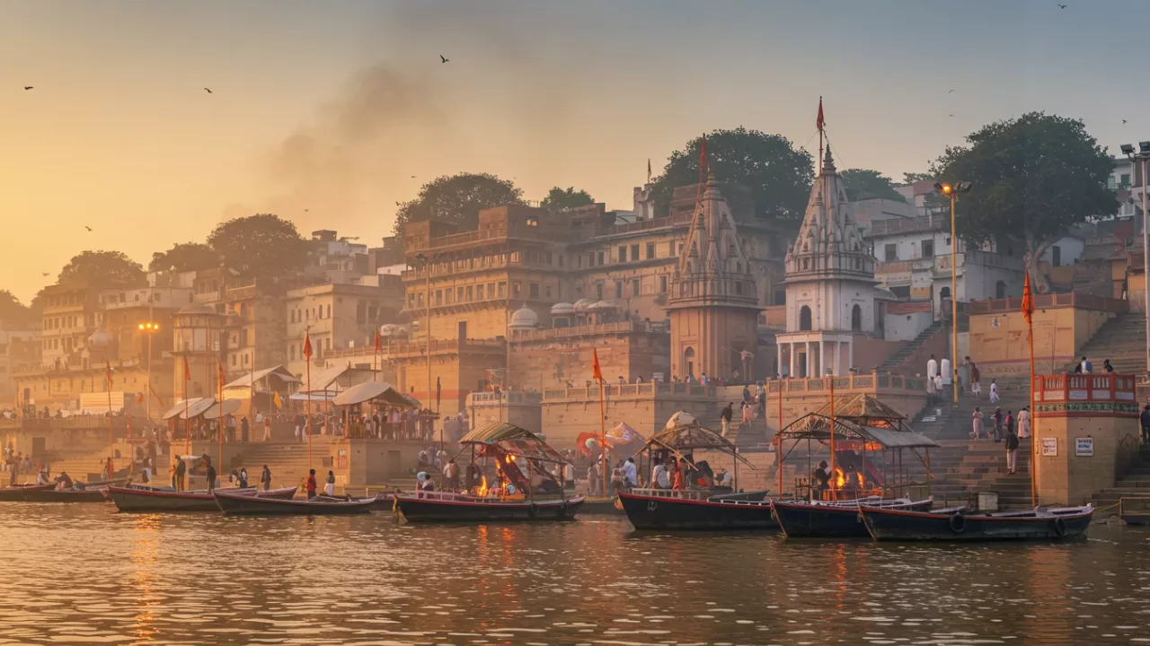 Riverside city with temples, buildings, boats, and people at dawn or dusk, with smoke in the air- Understanding the Ganges Profound Role in Varanasi Asthi Visarjan