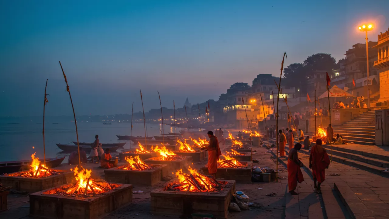 Numerous burning pyres on a riverbank at dusk/night, with people and city lights in the background- Manikarnika Ghat: Where Death Meets Divinity