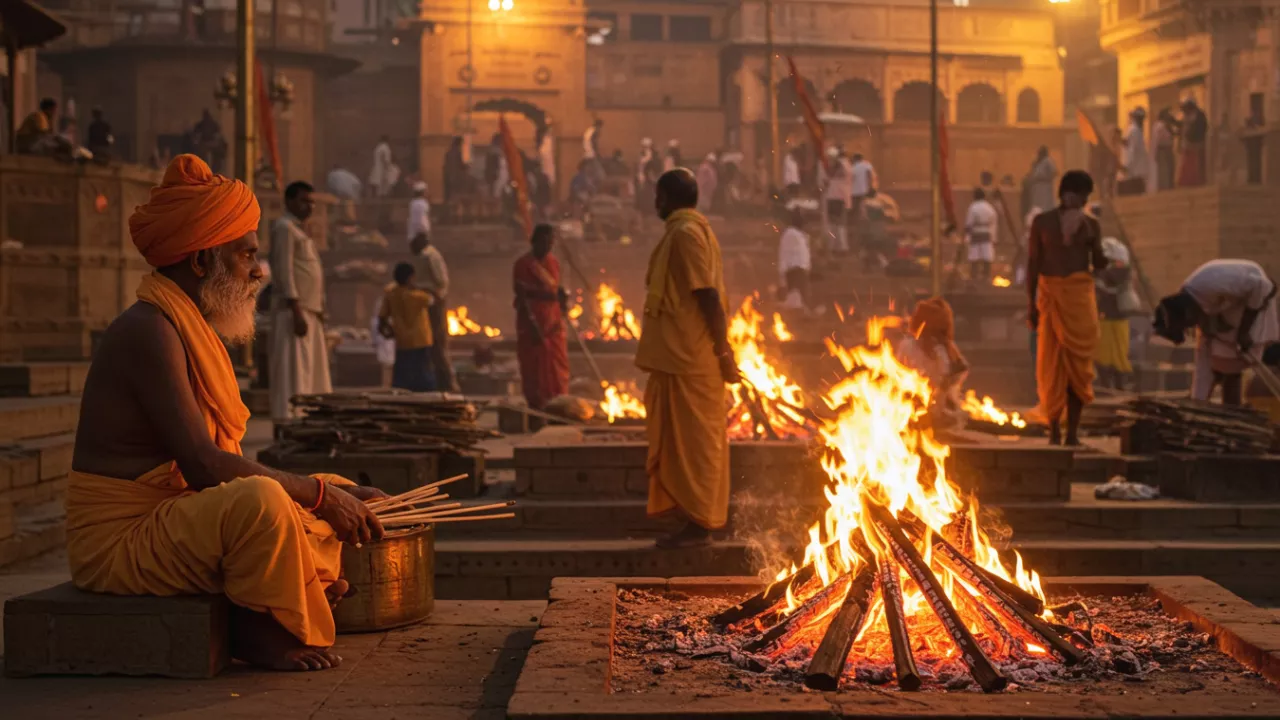 हवन के पास खड़े पुजारी - हरिश्चंद्र घाट: सत्य की गूंज और अस्थि विसर्जन की पवित्र विधियाँ