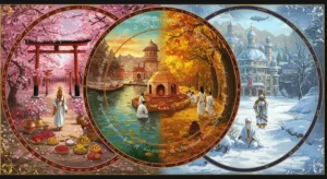 Three scenes: Japanese spring, Indian autumn ritual, and snowy church setting, all depicting spiritual themesImpact of Pilgrimage Seasons on Rituals