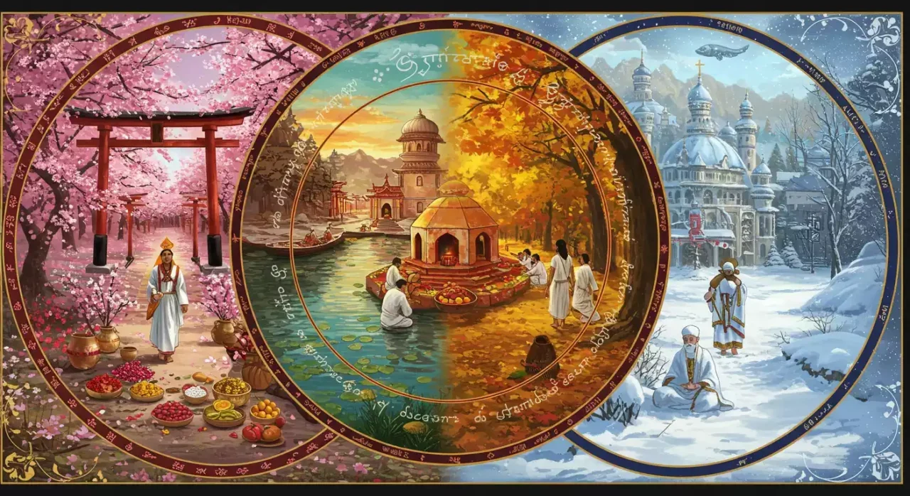 तीर्थयात्रा के मौसम — प्रकृति की घड़ी और दैवी काल — तीन दृश्य: जापानी वसन्त, भारतीय शरद अनुष्ठान और हिमाच्छादित गिरजाघर, जो भिन्न-भिन्न आध्यात्मिक भावों को दर्शाते हैं