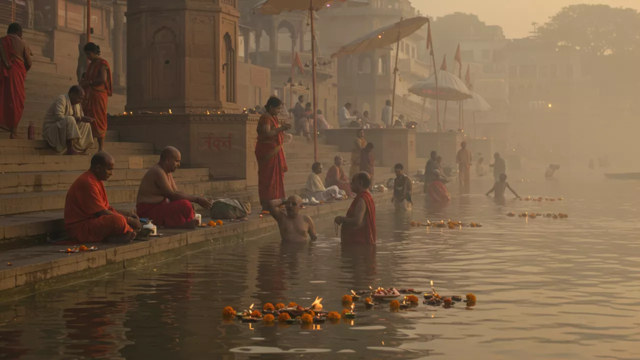 नदी पर अनुष्ठान करते लोग, तैरते दीप और गेंदे के फूल, धुँधले प्रकाश में — घाटों पर दैनिक अनुष्ठान