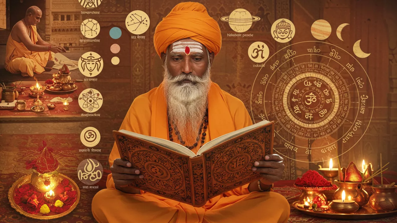 Illustration of a Hindu sage with astrological books, planetary symbols, and traditional puja items- Challenges Faced During Asthi Visarjan Varanasi