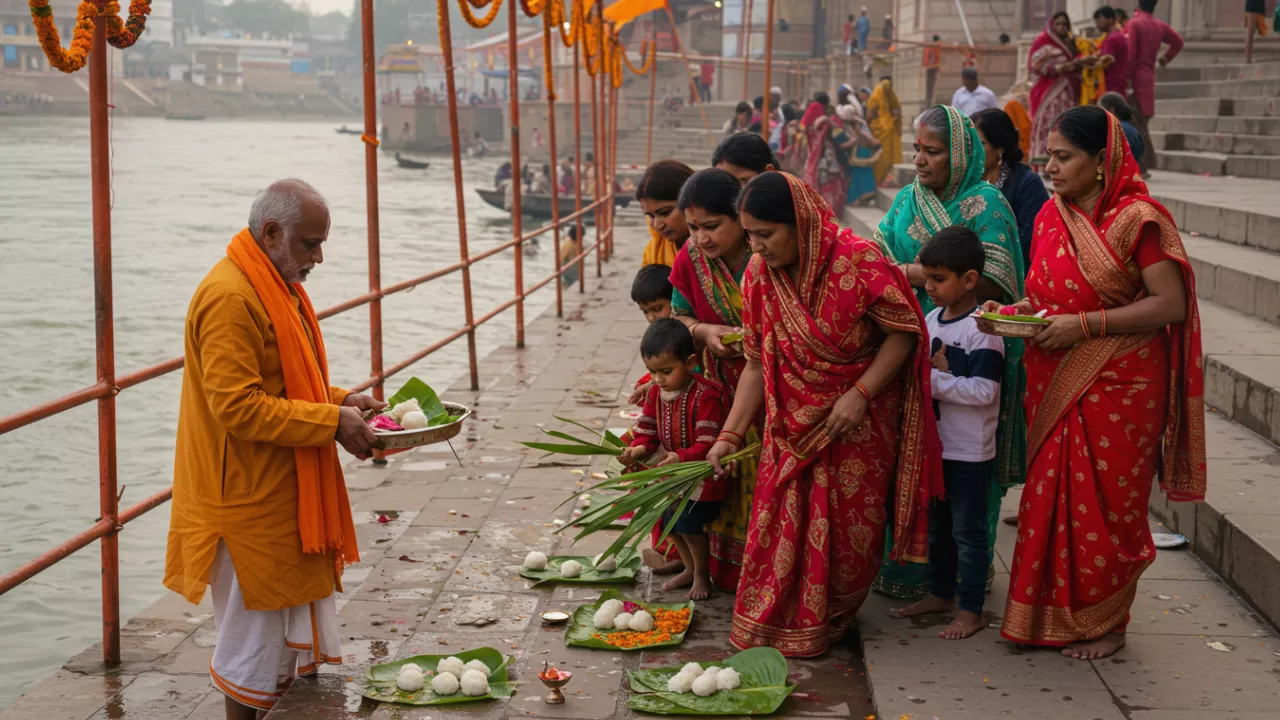 People in traditional attire offering food on leaves at a riverbank ritual during Pitrupaksha