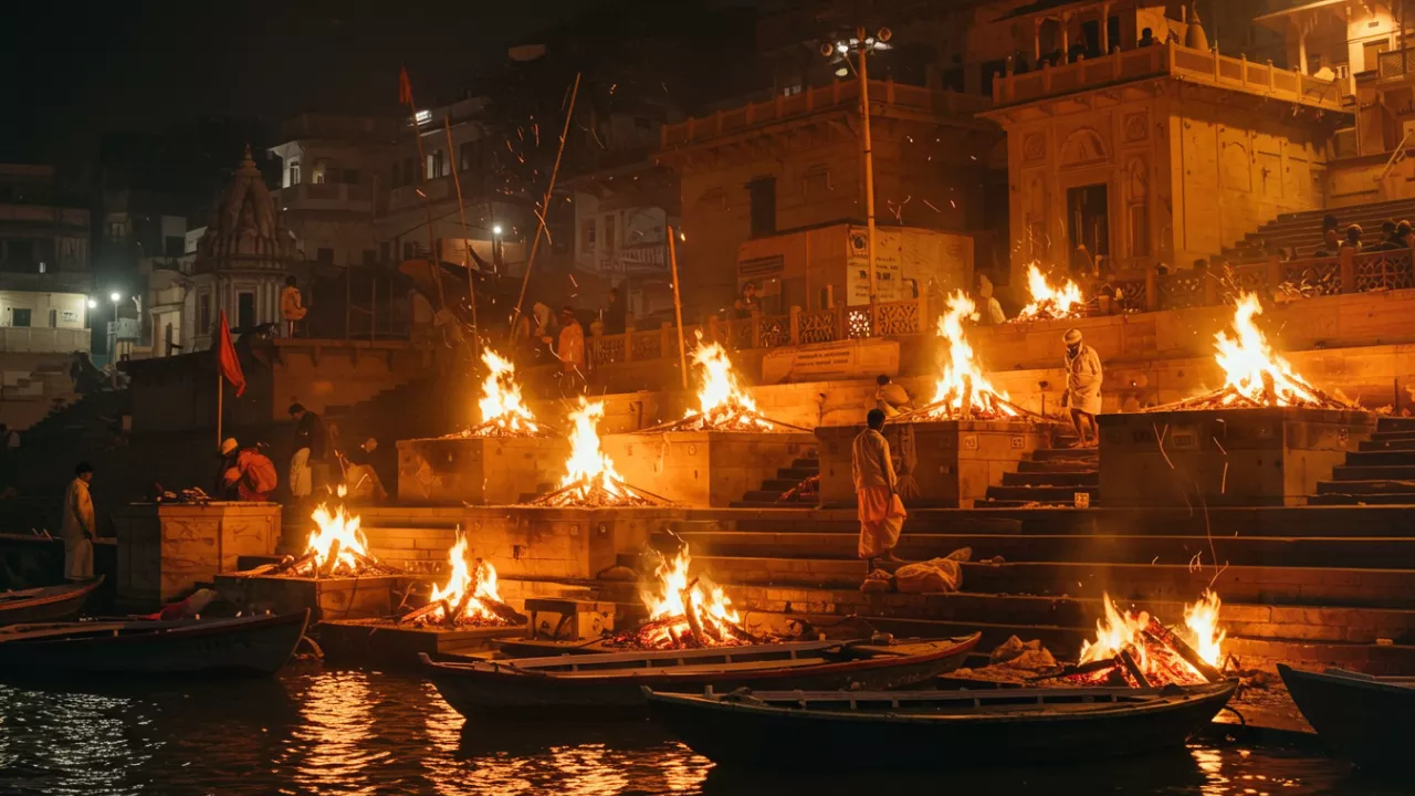 Night scene with multiple funeral pyres burning along a riverbank, people gathered, and city lights- Challenges Faced During Asthi Visarjan Varanasi