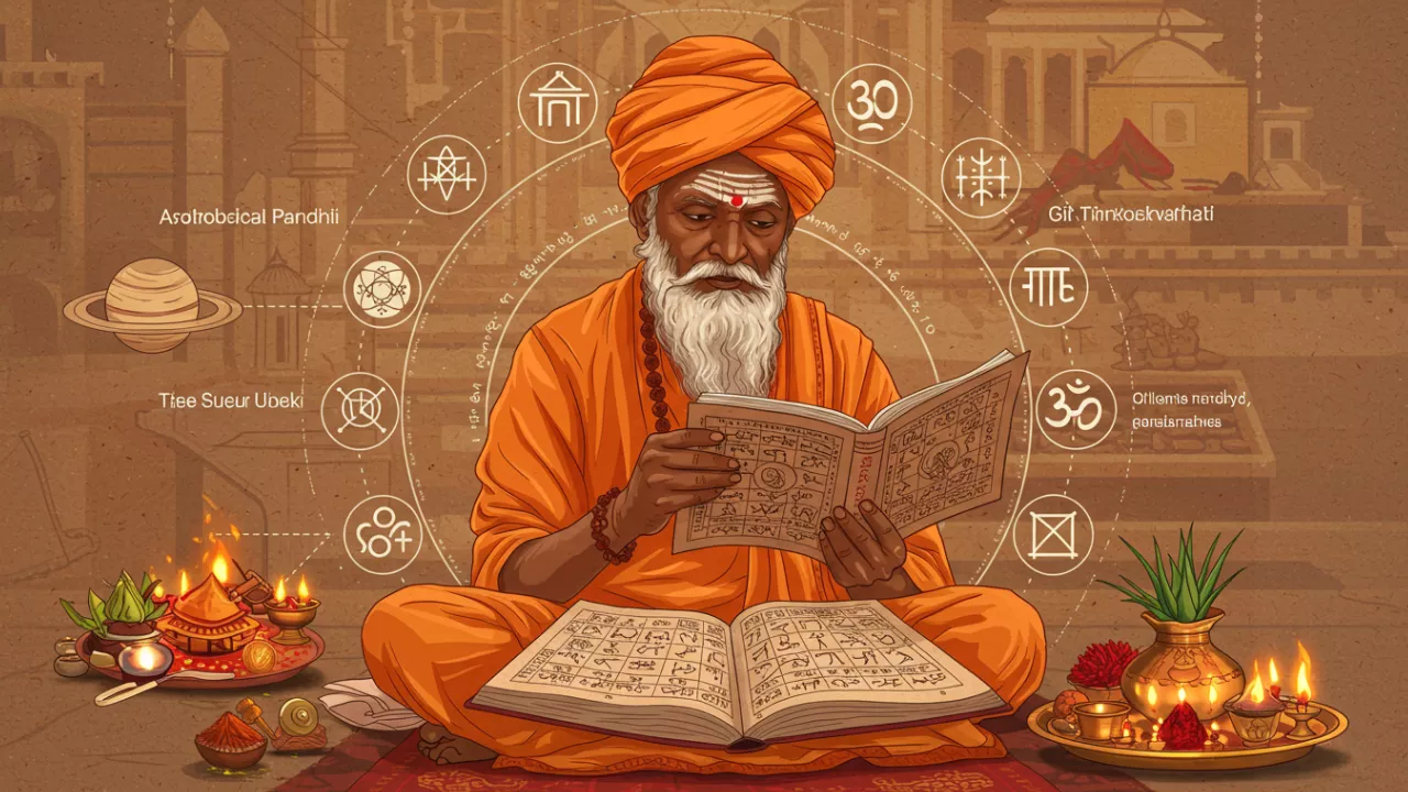 ज्योतिषीय पुस्तकों, ग्रह-प्रतीकों और पारम्परिक पूजा सामग्री के साथ हिन्दू ऋषि का चित्रण — वाराणसी में अनुष्ठान-समय एवं शुभ मुहूर्त