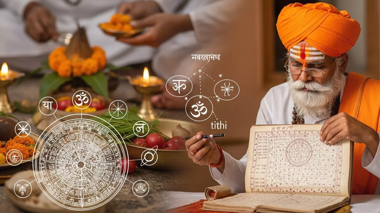 ज्योतिषीय चार्ट, पूजा सामग्री और प्रतीकों के साथ एक हिन्दू पंडित — वाराणसी में अनुष्ठान-समय एवं शुभ मुहूर्त