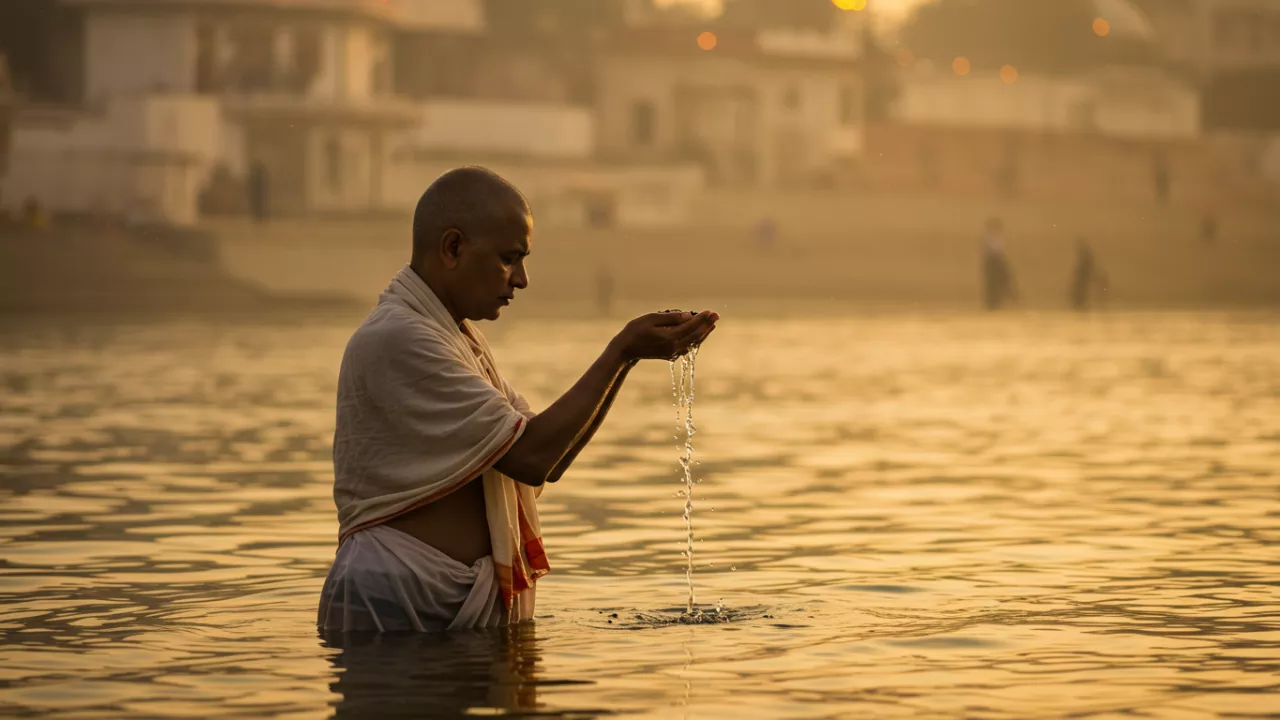 पवित्र संगम में स्नान करता एक व्यक्ति — एनआरआई श्राद्ध पूजा प्रयागराज