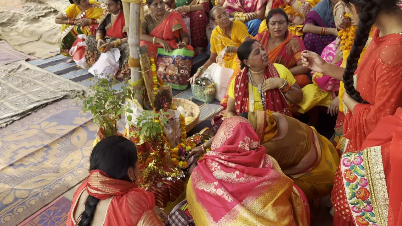 Sacred ritual of Kartik Poornima — Tulsi Vivah ceremony with decorated Tulsi plant and Lord Vishnu idol