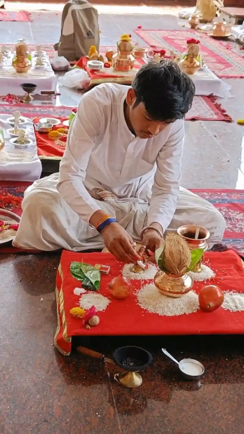 Pandit performing Kaal Sarp Dosh Nivaran Puja with ritual items