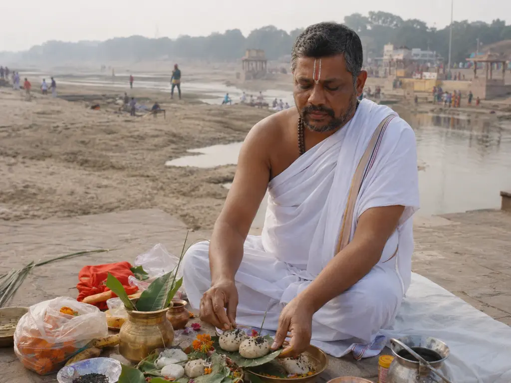 Pandit preparing sacred offerings during a riverside Hindu ceremony in Gaya