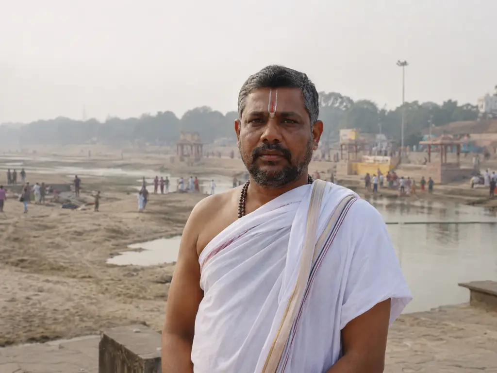 Tamil Pandit Ji at the Falgu riverbank in Gaya