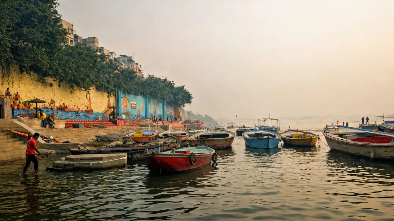 ভোরে গঙ্গা ঘাটে তর্পণের পরিবেশ